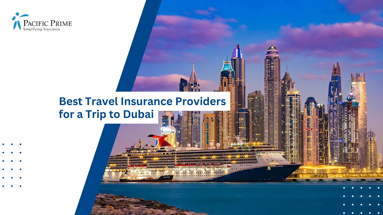 Image of Cruise Ship Near City Skyline At Sunset In Dubai Marina with text overlay of "Best Travel Insurance Providers for a Trip to Dubai"