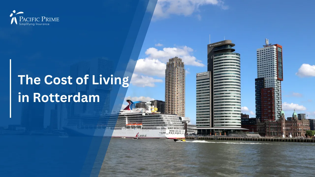 Image of Cruise Ship Sailing Through Open Water Near Rotterdam Skyline with text overlay of "The Cost of Living in the Netherlands"