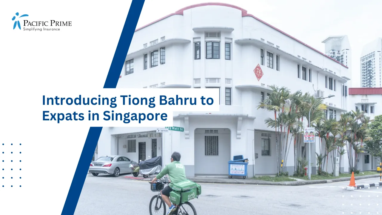 Image of Cyclist Passing White Concrete Apartments In Tiong Bahru Daylight with text overlay of "Introducing Tiong Bahru to Expats in Singapore"