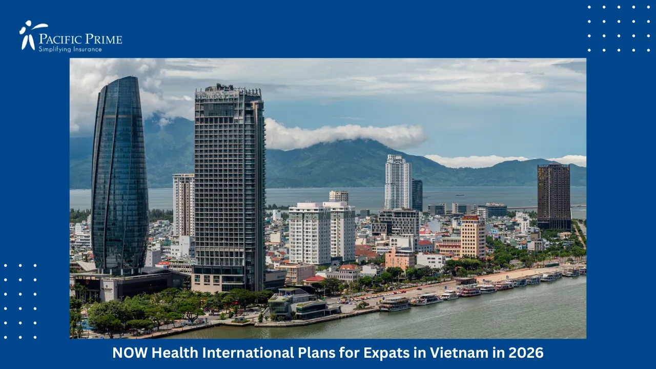 Image of Da Nang’s Modern Skyline Stretching Along Vietnam’s Scenic Coastline with text overlay of "NOW Health International Plans for Expats in Vietnam in 2026"