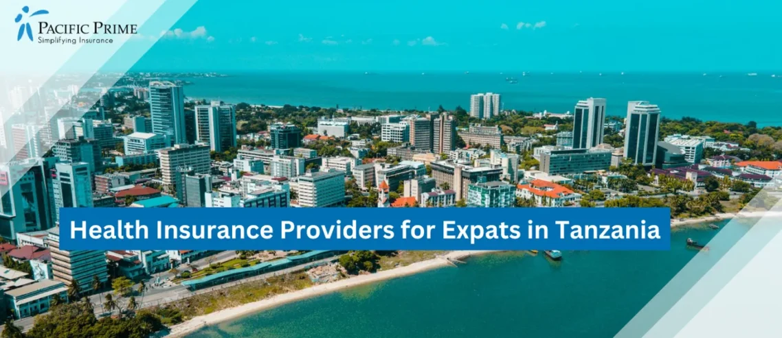 Image of Dar Es Salaam City Skyline By The Sea In Tanzania On A Sunny Day with text overlay of "Health Insurance Providers for Expats in Tanzania"