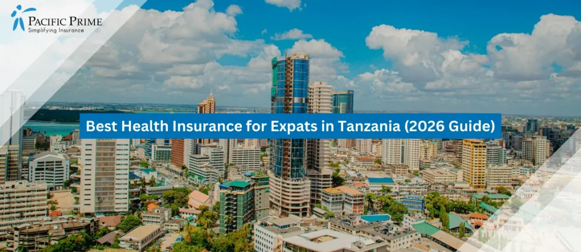 Image of Dar Es Salaam Skyline With Modern High-rise Buildings Under Clear Skies with text overlay of "Best Health Insurance for Expats in Tanzania (2026 Guide)"