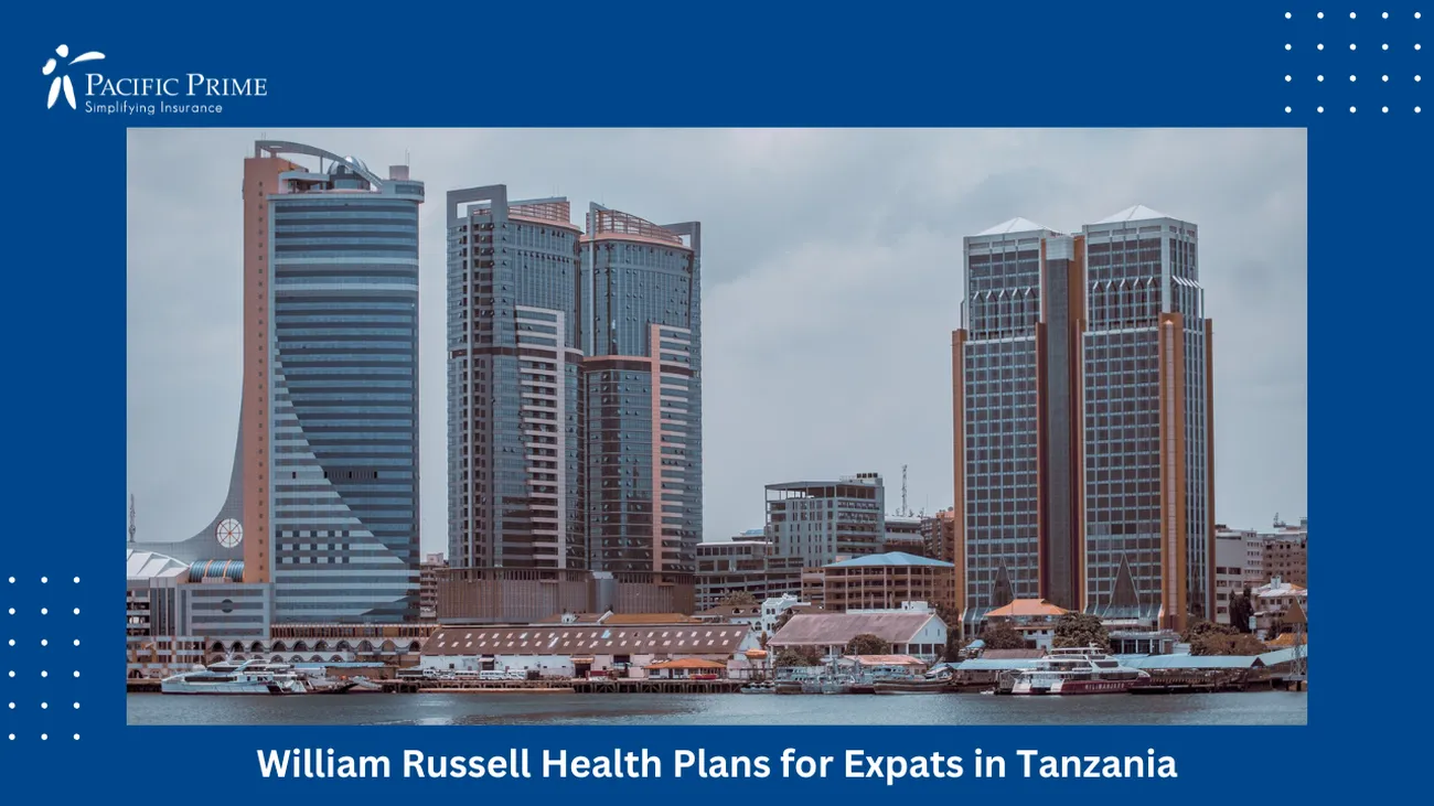 Image of Dar Es Salaam Waterfront With Buildings On A Clear Daytime In Tanzania with text overlay of "William Russell Health Plans for Expats in Tanzania"