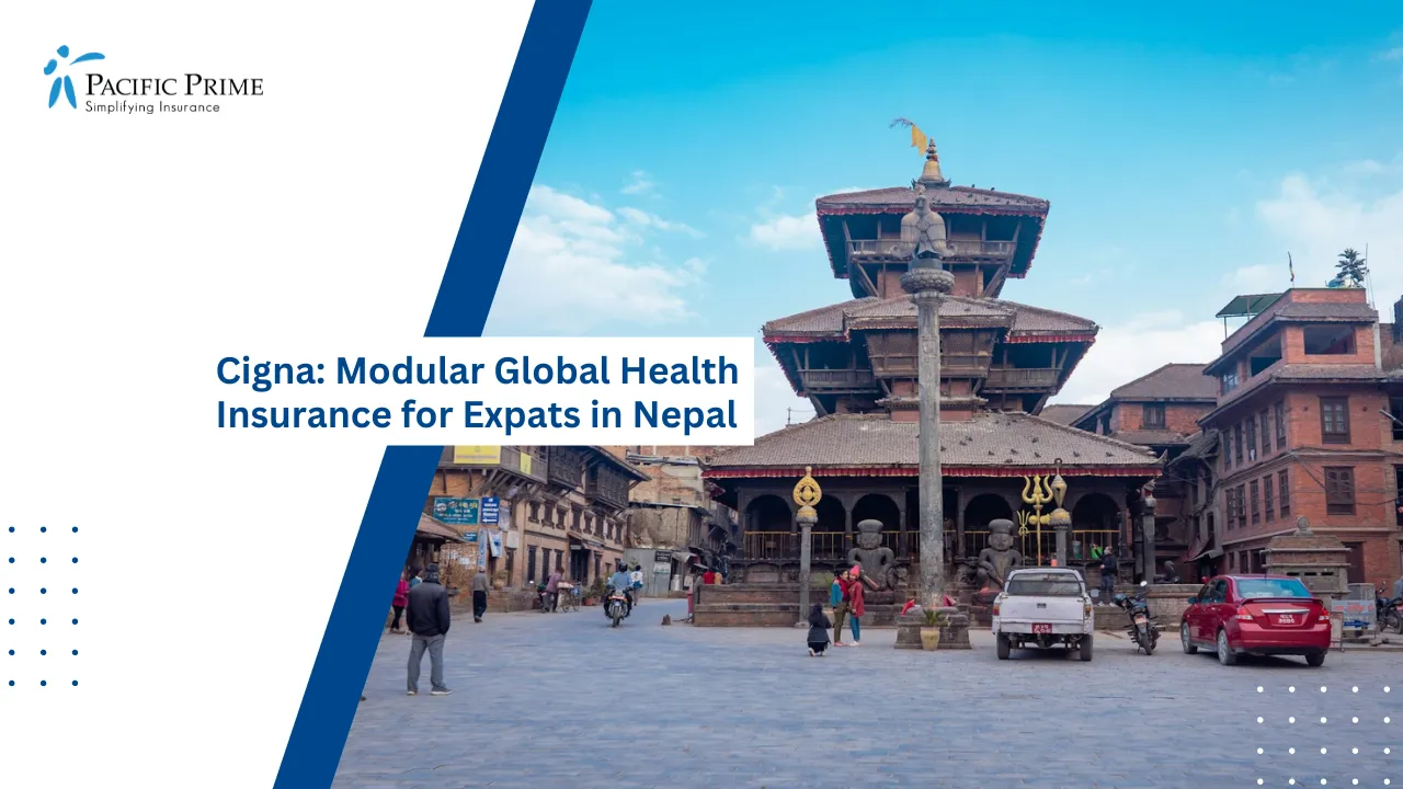 Image of Dattatreya Temple In Bhaktapur With Clear Blue Sky with text overlay of "Cigna: Modular Global Health Insurance for Expats in Nepal"