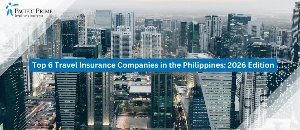 Image of Daytime Aerial Skyline Of Bonifacio Global City With Modern High-rise Buildings with text overlay of "Top 6 Travel Insurance Companies in the Philippines: 2026 Edition"