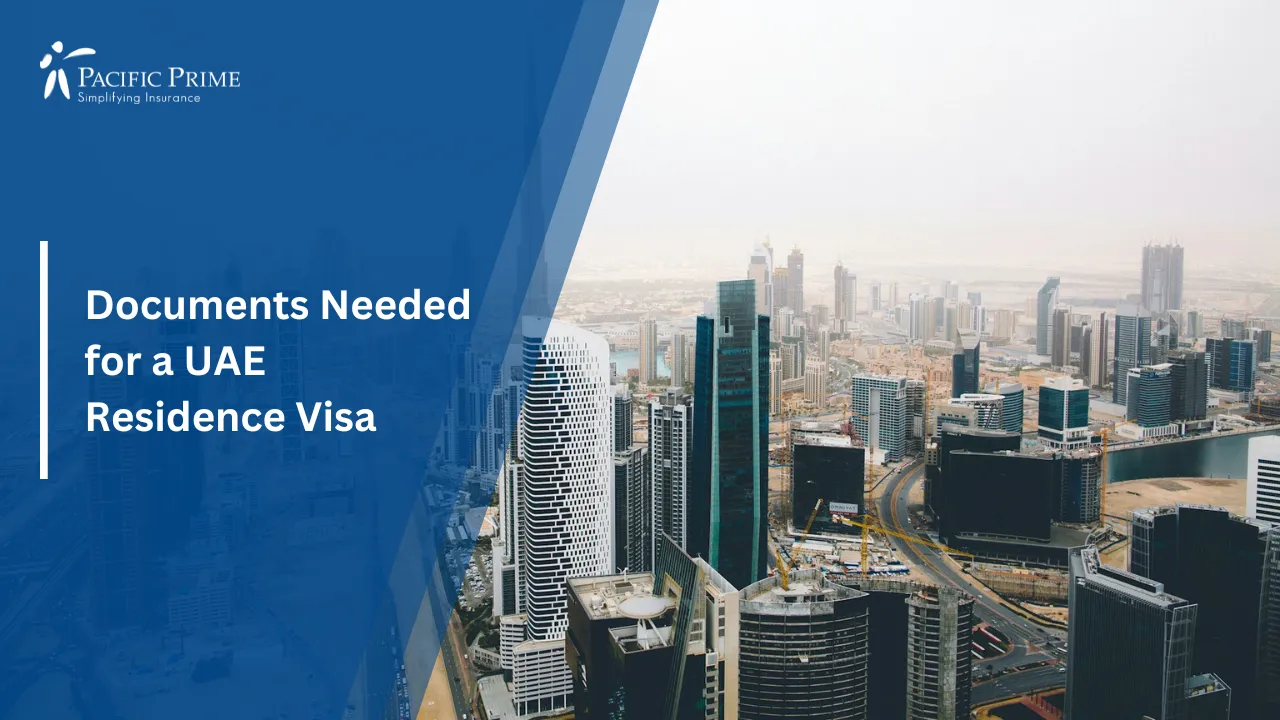 Image of Daytime Aerial View Of Dubai Skyline With Tall Modern Buildings with text overlay of "Documents Needed for a UAE Residence Visa"