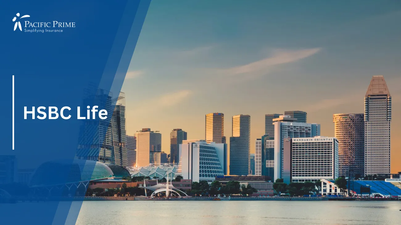 Image of Daytime City Skyline Of Singapore Under A Clear Blue Sky with text overlay of "HSBC Life"