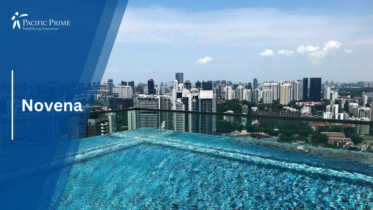 Image of Daytime Cityscape From Hotel Infinity Pool In Novena, Singapore with text overlay of "Novena"