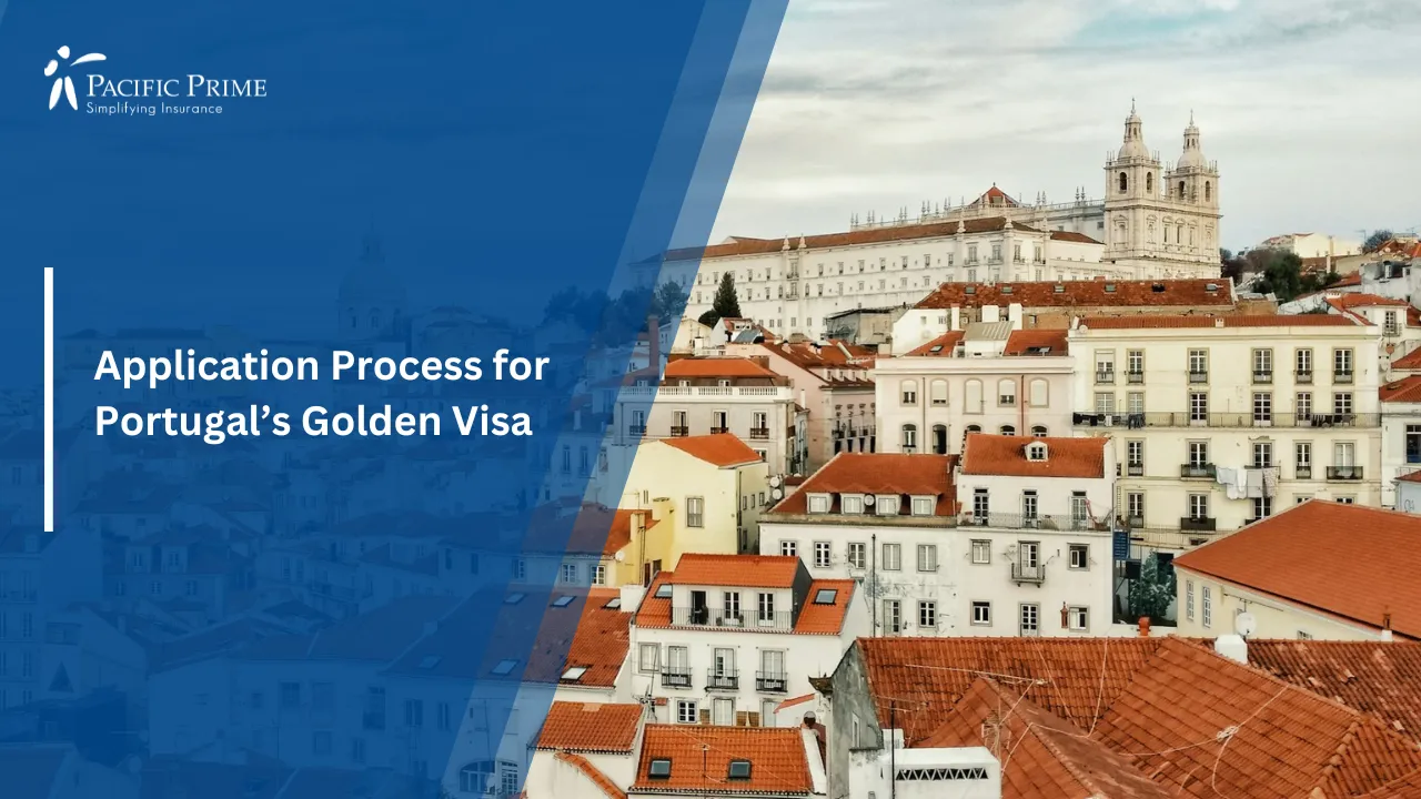 Image of Daytime Cityscape Of Alfama With Traditional Buildings And Rooftops with text overlay of "Application Process for Portugal’s Golden Visa"