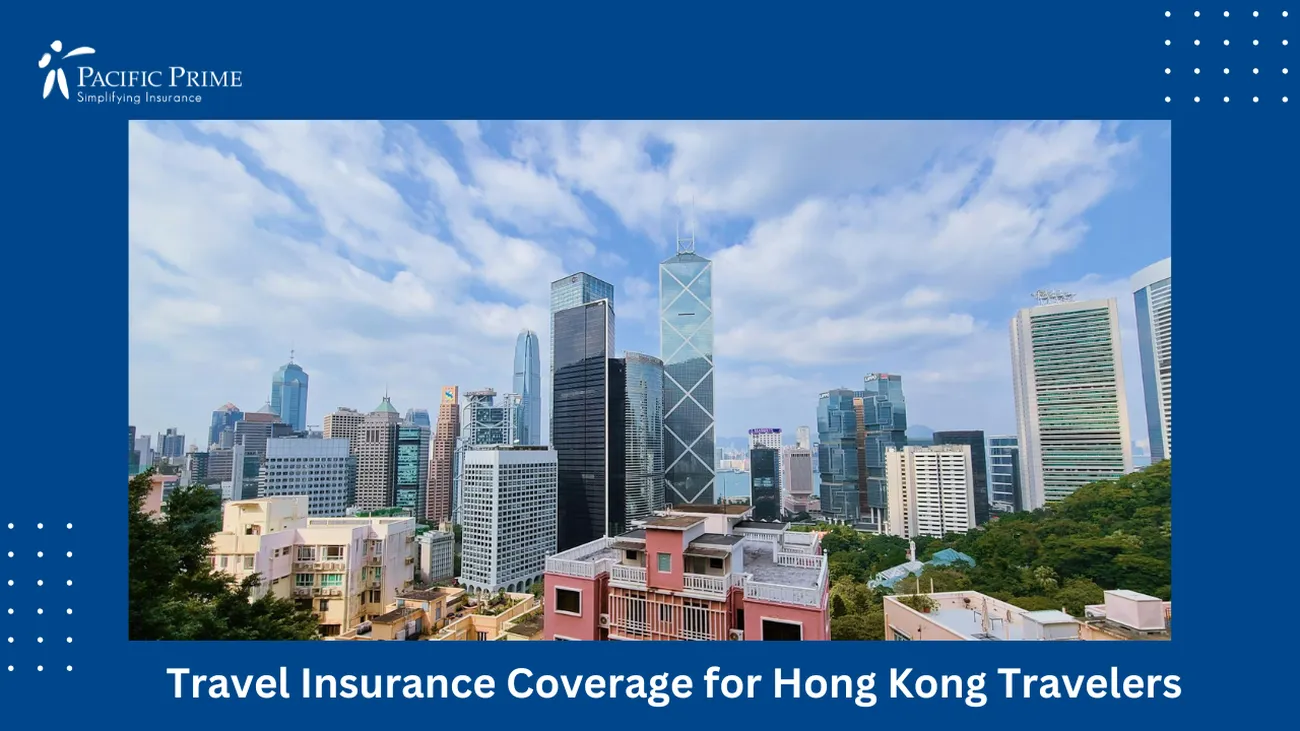 Image of Daytime Hong Kong Skyline With Vibrant Urban Architecture with text overlay of "Travel Insurance Coverage for Hong Kong Travelers"