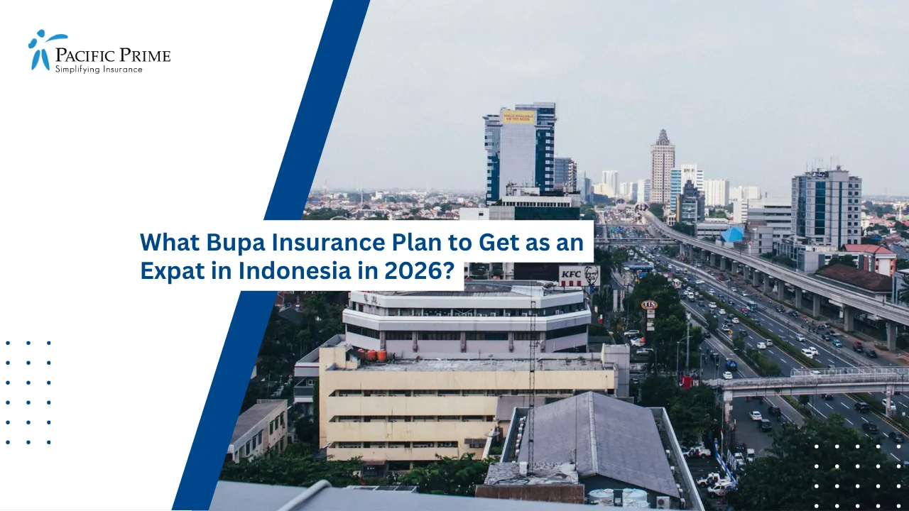 Image of Daytime Panorama Of Jakarta’s Towering High-rises And Dense Urban Landscape with text overlay of "What Bupa Insurance Plan to Get as an Expat in Indonesia in 2026?"