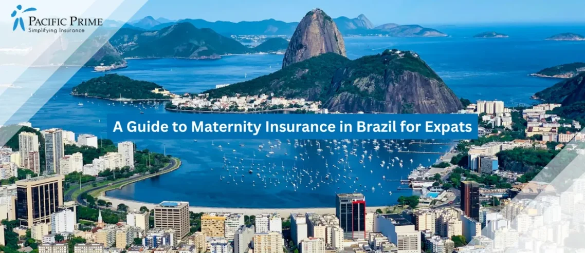 Image of Daytime View From Dona Marta Lookout Over Rio Skyline And Coastal Islet with text overlay of "A Guide to Maternity Insurance in Brazil for Expats"