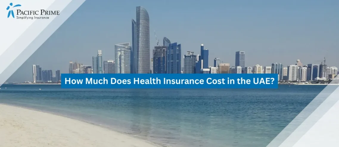 Image of Daytime View Of Abu Dhabi Marina Skyline Rising Above The Calm Coastal Waters with text overlay of "How Much Does Health Insurance Cost in the UAE?"
