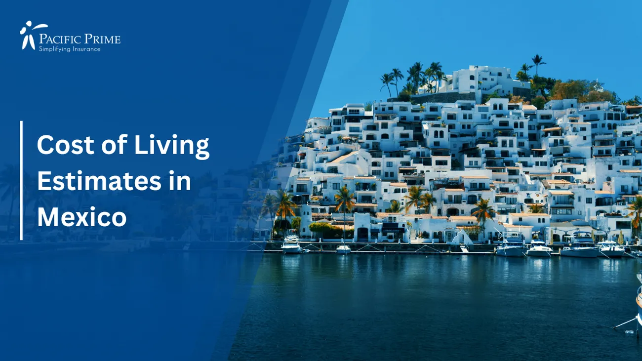 Image of Daytime View Of City Buildings By The Water, Las Hadas, Manzanillo, Mexico with text overlay of "Cost of Living Estimates in Mexico"