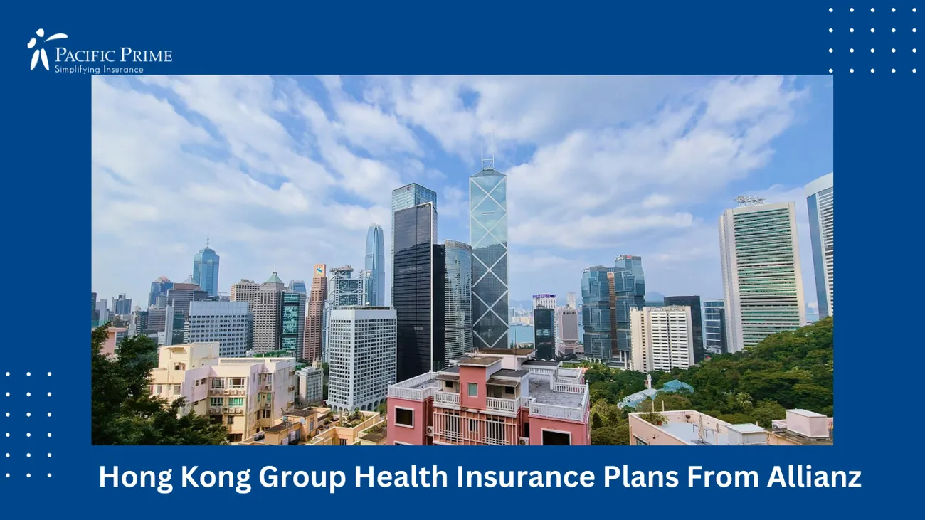 Image of Daytime View Of Hong Kong's Skyline Over A Vibrant Harbor with text overlay of "Hong Kong Group Health Insurance Plans From Allianz"