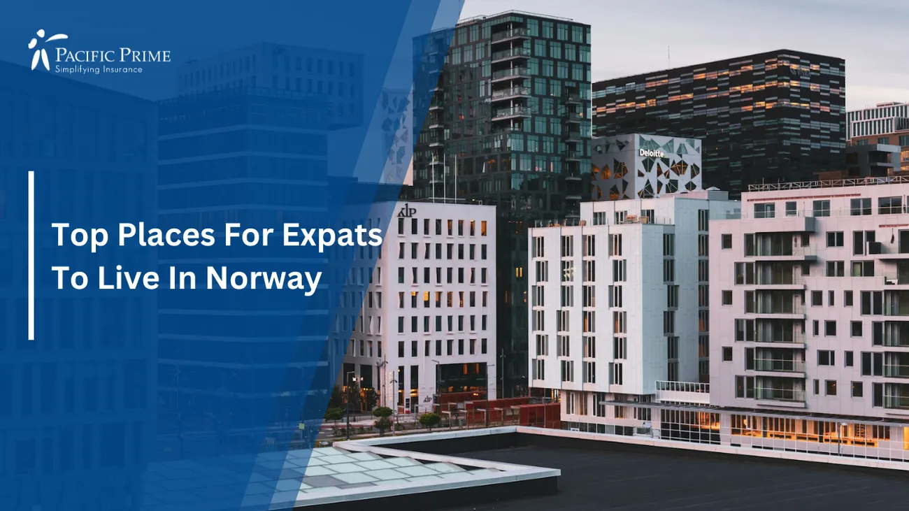 Image of Daytime View Of Oslo's Bustling Business District, Norway with text overlay of "Top Places For Expats To Live In Norway"