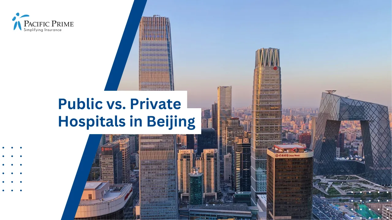 Image of Daytime View Of Park Hyatt Beijing Hotel With Surrounding City Buildings with text overlay of "Public vs. Private Hospitals in Beijing"