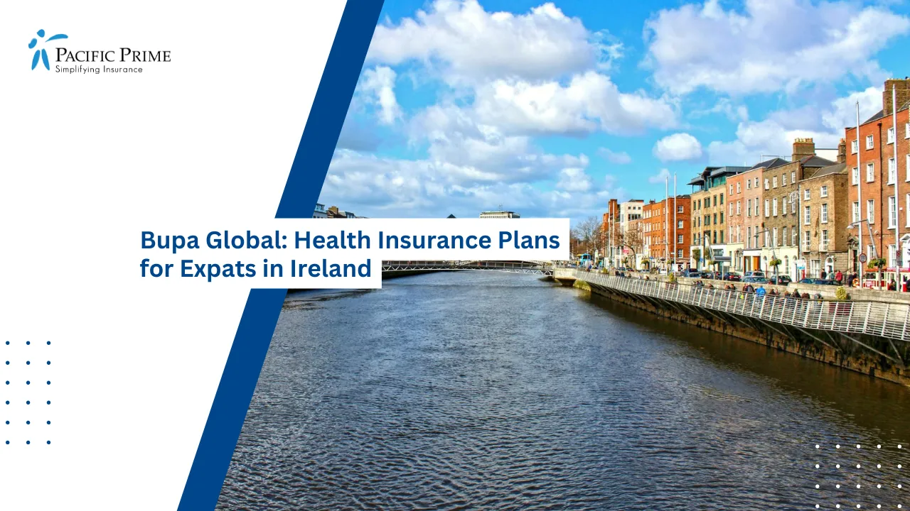 Image of Daytime View Of River Liffey With City Buildings In Dublin with text overlay of "Bupa Global: Health Insurance Plans for Expats in Ireland"