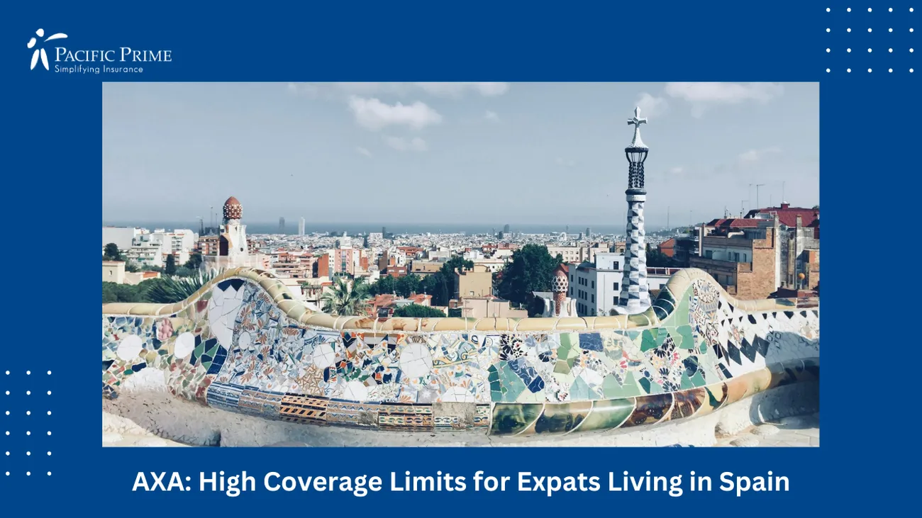 Image of Daytime View Of Skyscrapers In Barcelona, Spain with text overlay of "AXA: High Coverage Limits for Expats Living in Spain"