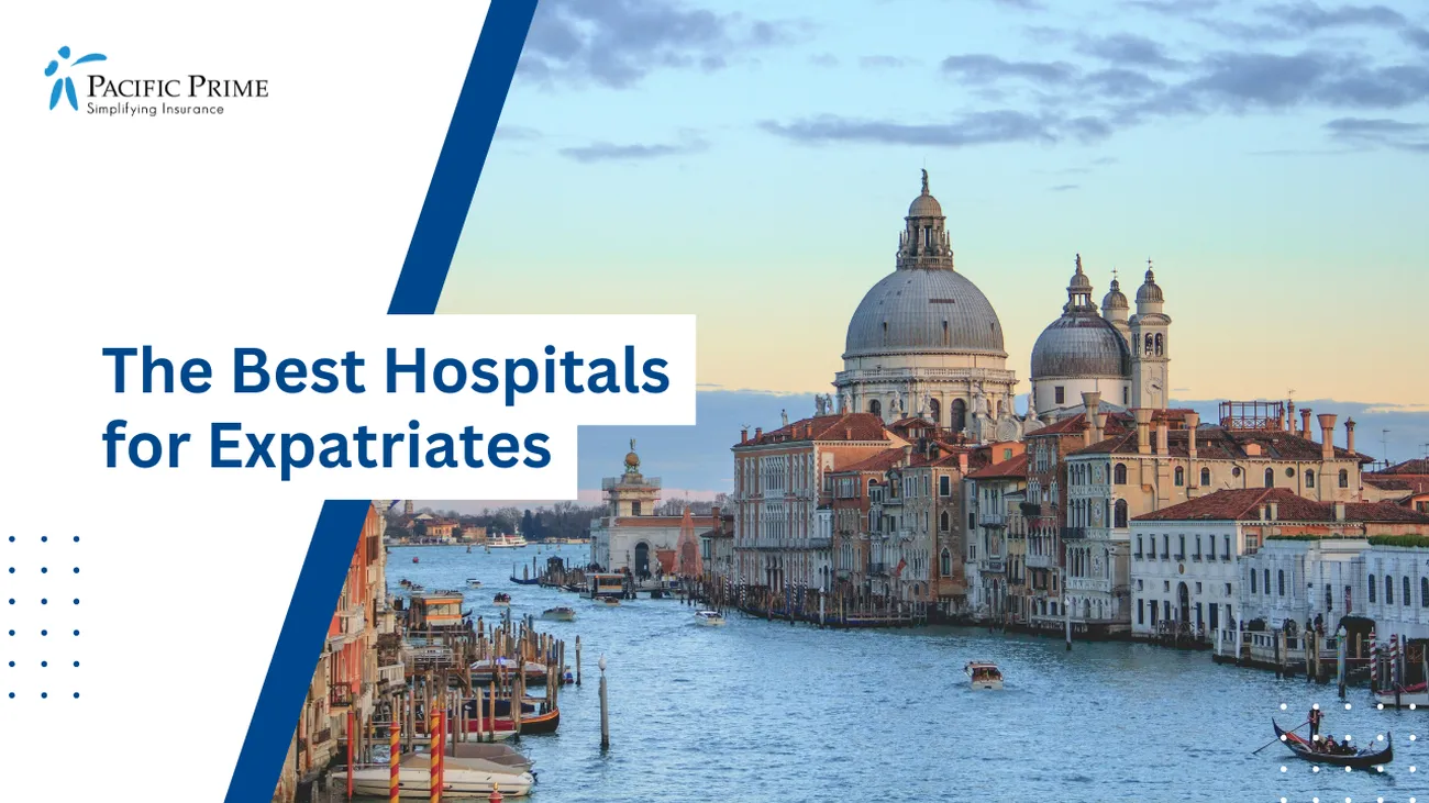 Image of Daytime View Of Venice, Italy With Canals And Historic Architecture with text overlay of "The Best Hospitals for Expatriates"