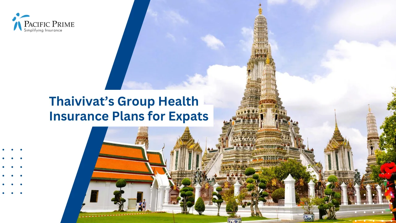 Image of Daytime View Of Wat Arun Temple With Intricate Architecture In Bangkok with text overlay of "Thaivivat’s Group Health Insurance Plans for Expats"