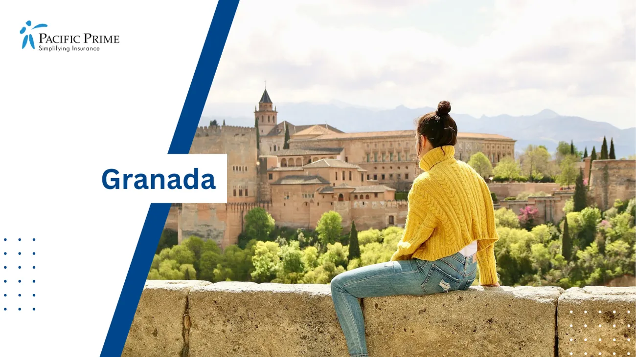 Image of Daytime: Woman In Yellow On A Bench In Granada, Spain with text overlay of "Granada"