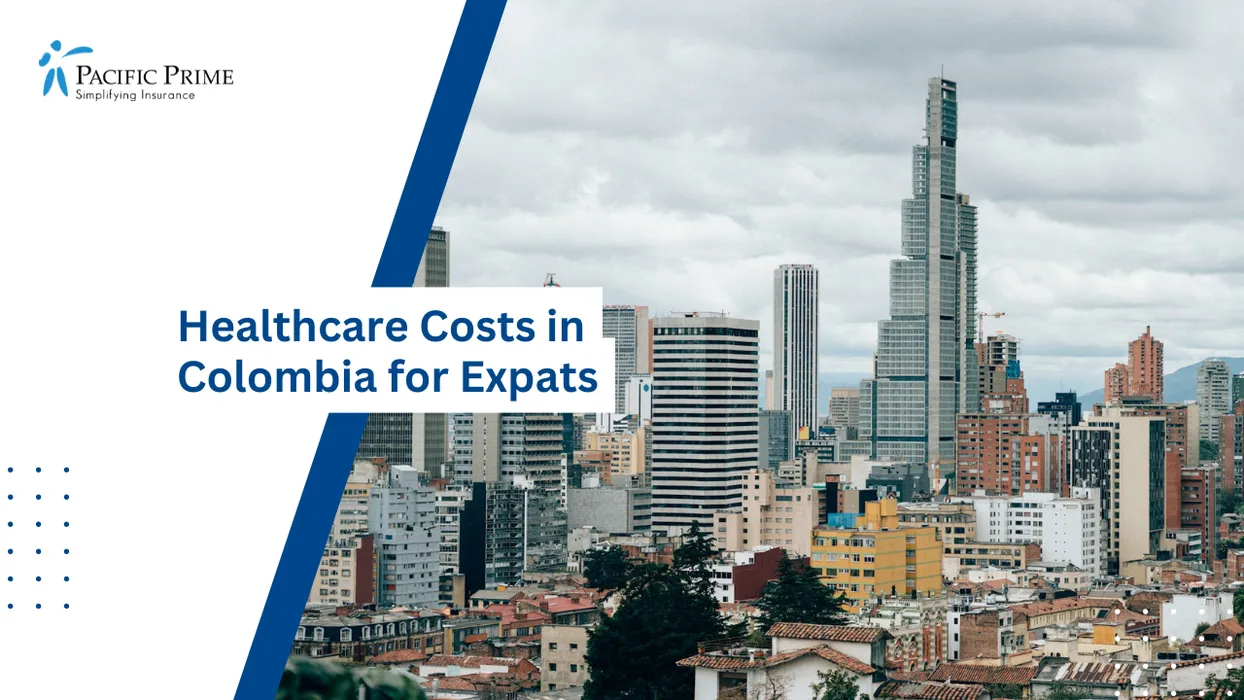 Image of Dense Bogotá Cityscape Featuring Contemporary Towers Across A Sprawling Urban District with text overlay of "Healthcare Costs in Colombia for Expats"