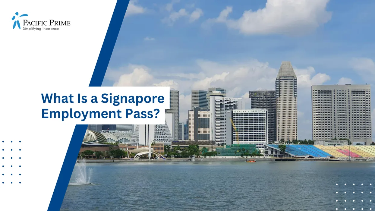 Image of Dense Cluster Of Modern Skyscrapers Rising Above Singapore’s Central Business District with text overlay of "What Is a Singapore Employment Pass?"