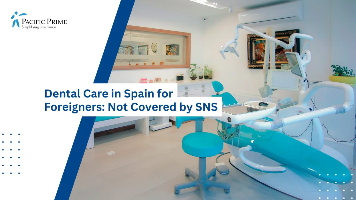 Image of Dental Clinic Entrance With Signage And Clean Exterior View with text overlay of "Dental Care in Spain for Foreigners: Not Covered by SNS"