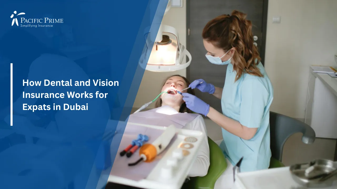 Image of Dental Hygienist Examining Patient’s Teeth In Clinic with text overlay of "How Dental and Vision Insurance Works for Expats in Dubai"