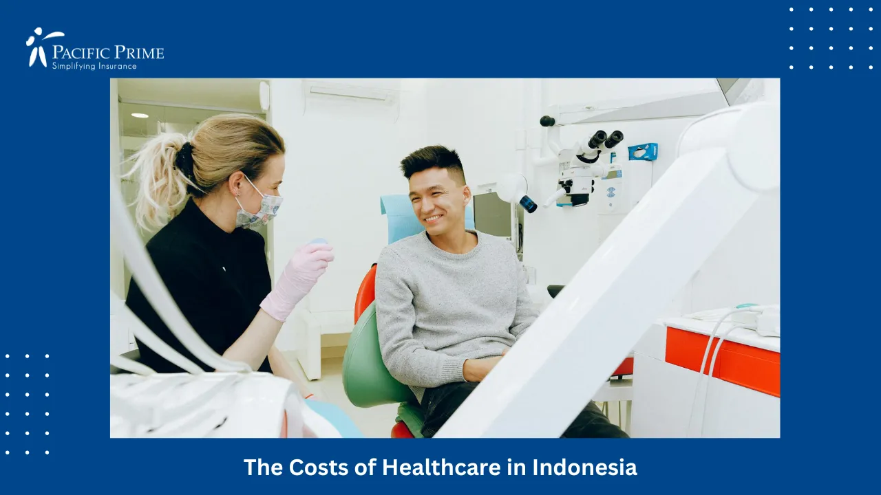 Image of Dentist And Patient Smiling During An Indoor Dental Checkup Session with text overlay of "The Costs of Healthcare in Indonesia"