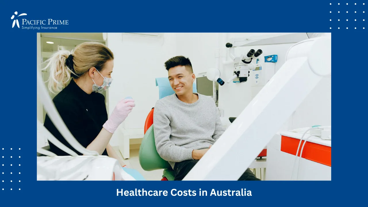 Image of Dentist And Patient Smiling During Checkup In Modern Clinic with text overlay of "Healthcare Costs in Australia"