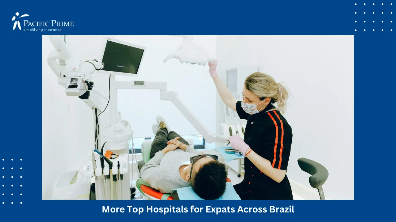 Image of Dentist Examining Patient's Teeth In A Bright, Modern Clinic with text overlay of "More Top Hospitals for Expats Across Brazil"