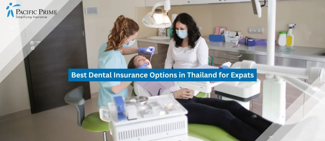 Image of Dentist Treating A Patient In A Bright, Modern Clinic with text overlay of "Best Dental Insurance Options in Thailand for Expats"