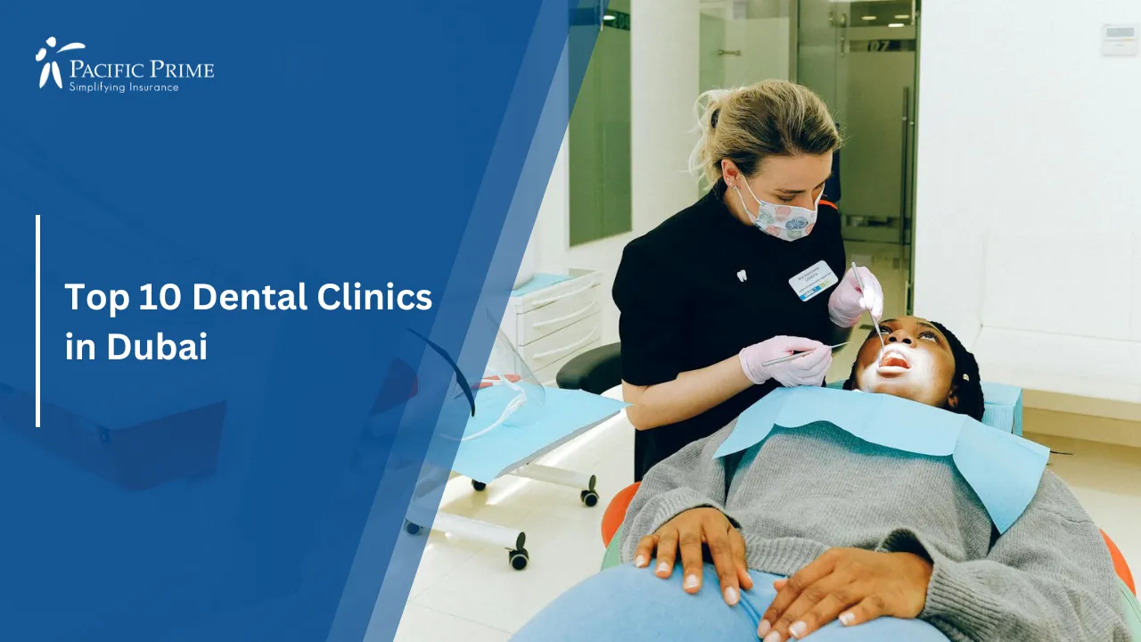 Image of Dentist Treating Female Patient During Dental Procedure In Clinic with text overlay of "Top 10 Dental Clinics in Dubai"