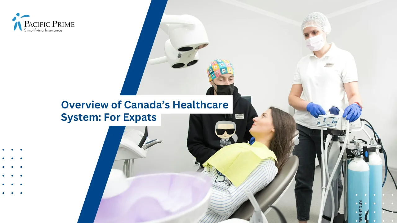 Image of Dentist Treating Patient In A Modern Dental Clinic Chair with text overlay of "Overview of Canada’s Healthcare System: For Expats"