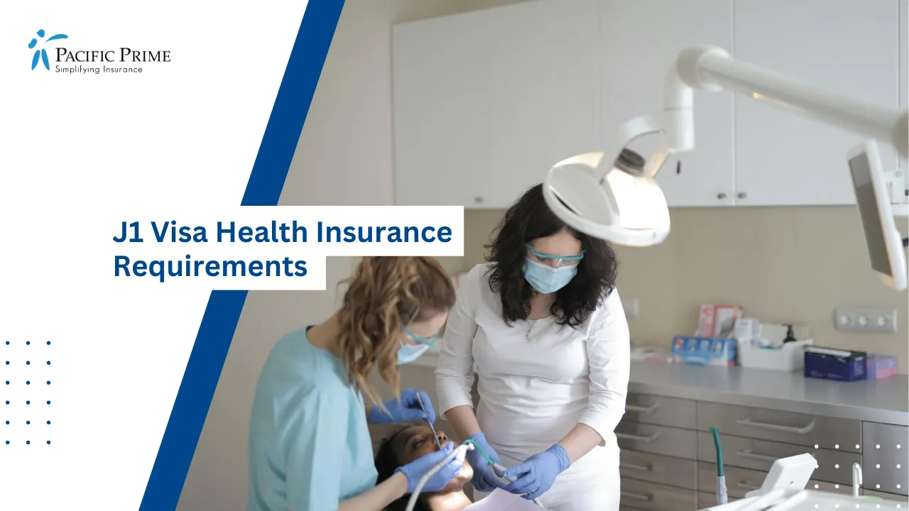 Image of Dentist Treating Patient In A Modern Dental Clinic with text overlay of "J1 Visa Health Insurance Requirements"