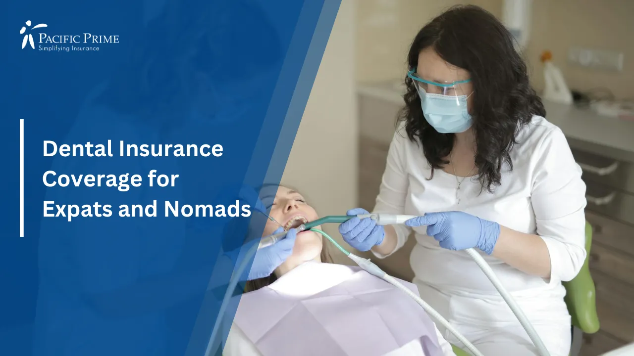 Image of Dentists Treating A Patient In A Clean And Professional Dental Clinic with text overlay of "Dental Insurance Coverage for Expats and Nomads"
