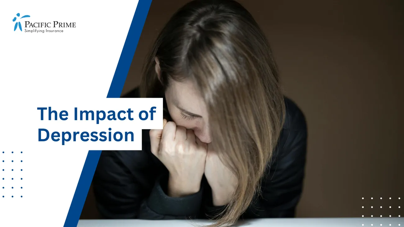 Image of Depressed Woman Leaning On A Table, Lost In Thought with text overlay of "The Impact of Depression"
