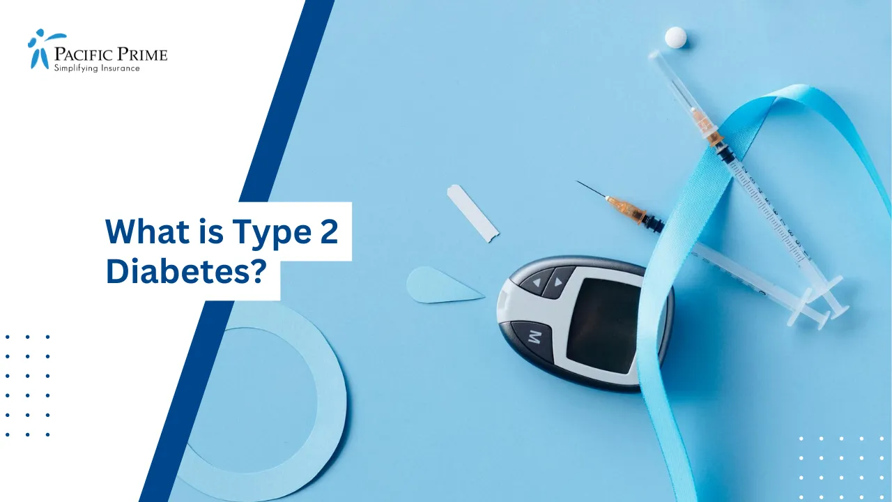 Image of Diabetes Monitoring Kit With Syringes And Glucose Meter On Blue with text overlay of "What is Type 2 Diabetes?"