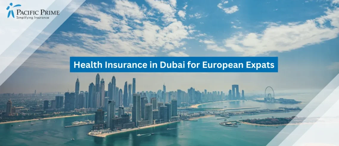Image of Distant View Of Dubai Skyline Under Clear Sky with text overlay of "Health Insurance in Dubai for European Expats"