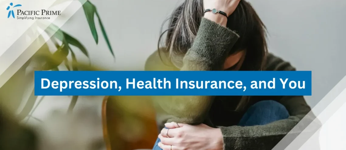 Image of Distressed Woman Hugging Her Knees While Seated On A Chair with text overlay of "Depression, Health Insurance, and You"