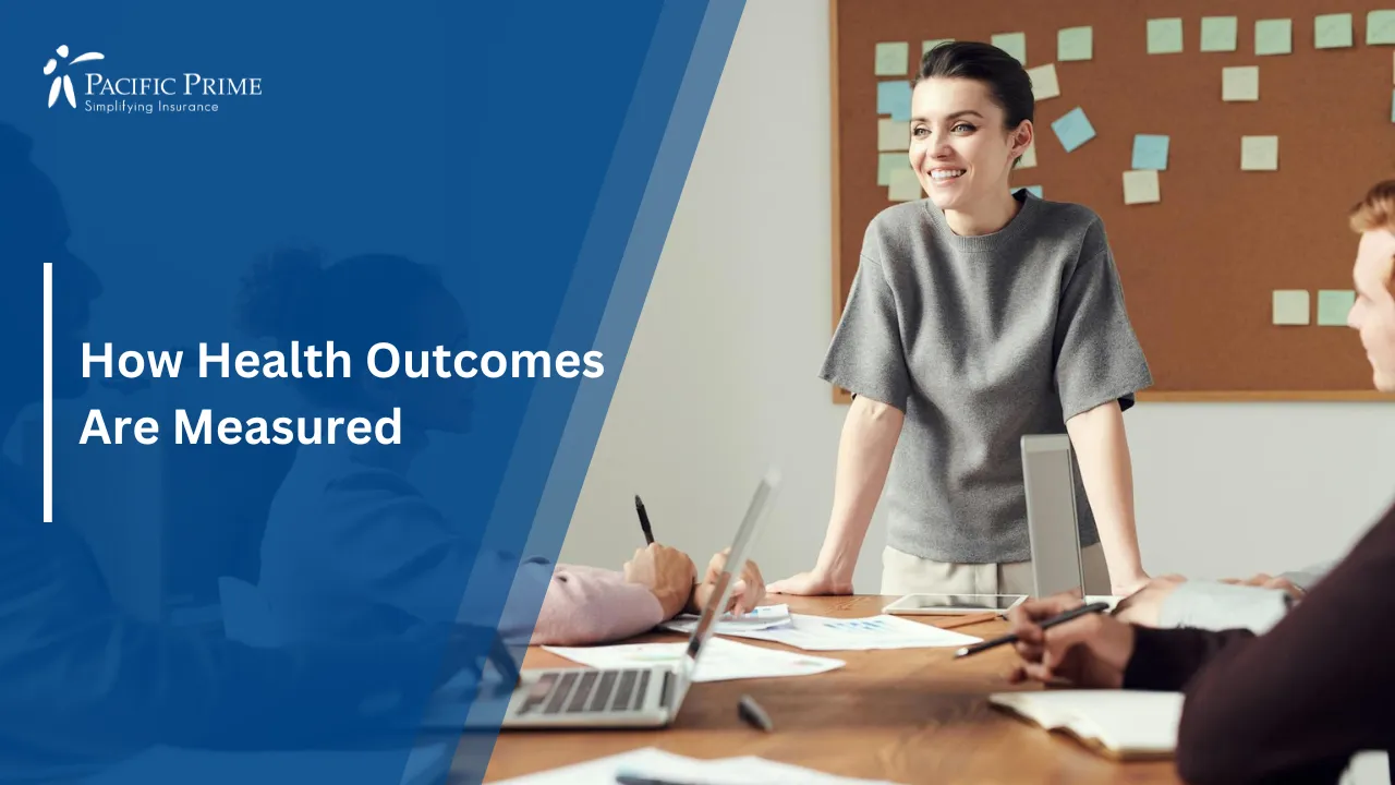 Image of Diverse Business Team Working Together In Modern Office Environment with text overlay of "How Health Outcomes Are Measured"
