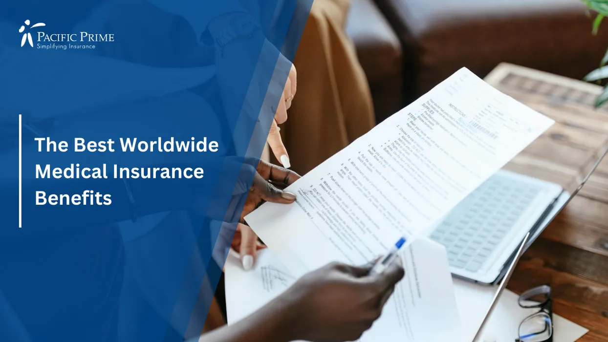 Image of Diverse Businesswomen Reviewing Paperwork Together In A Professional Office Setting with text overlay of "The Best Worldwide Medical Insurance Benefits"