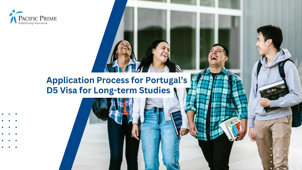 Image of Diverse College Students Walking Together And Laughing On Campus with text overlay of "Application Process for Portugal’s D5 Visa for Long-term Studies"