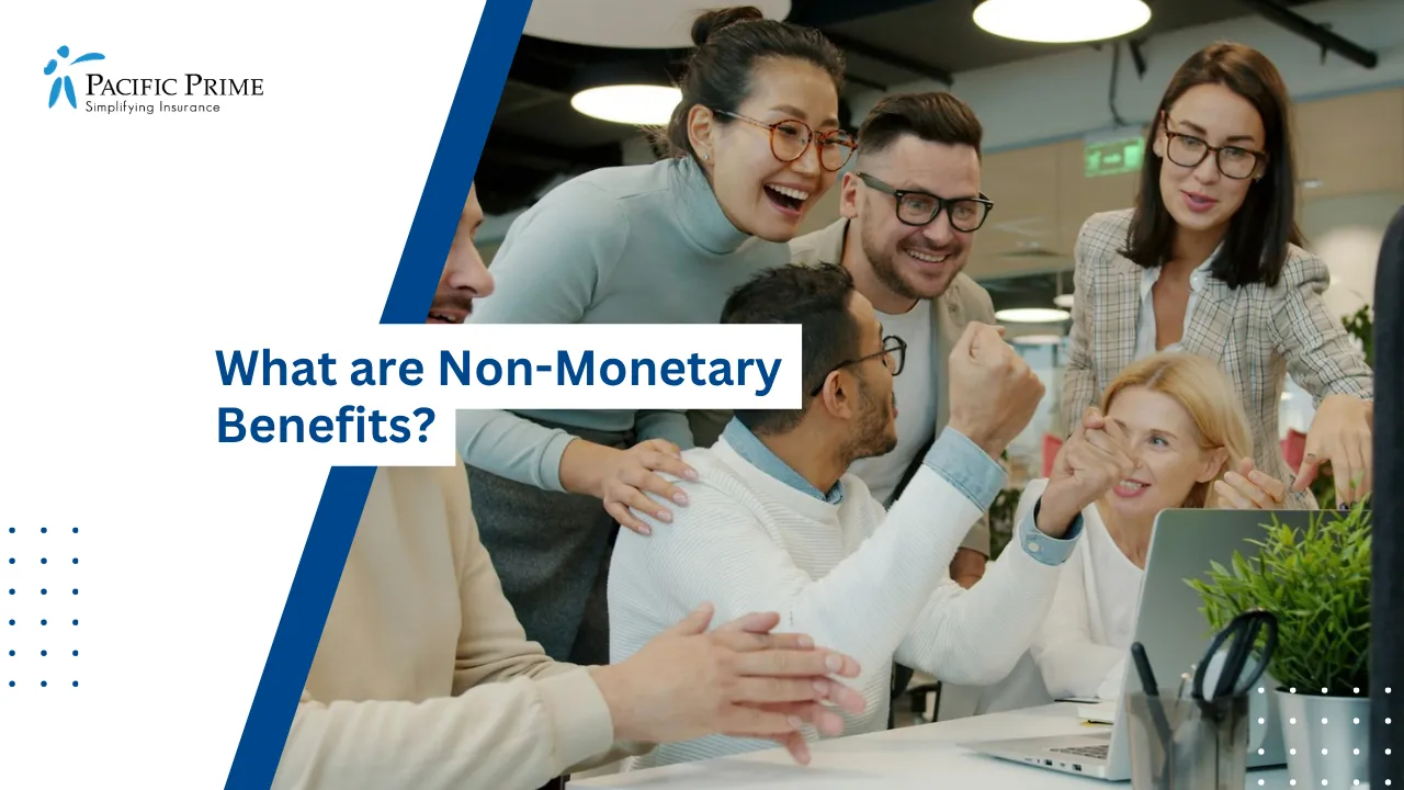 Image of Diverse Coworkers Exchanging High-fives In A Bright Open-plan Workspace with text overlay of "What are Non-Monetary Benefits?"