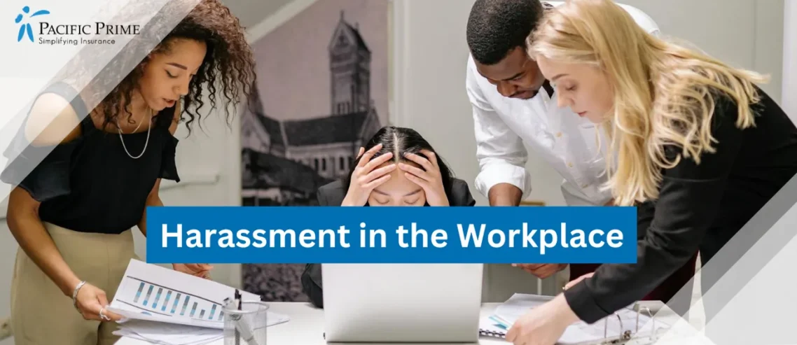 Image of Diverse Coworkers In A Meeting Bullying One Employee with text overlay of "Harassment in the Workplace"