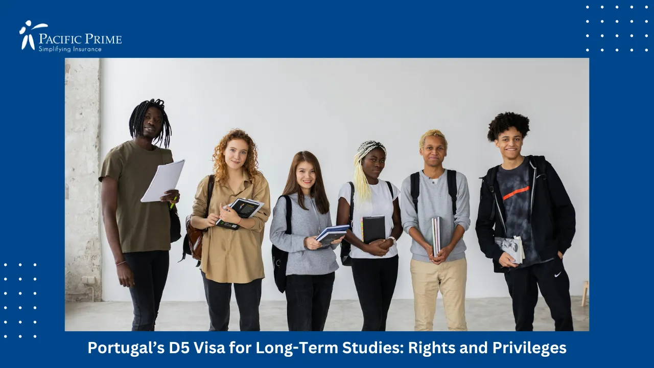 Image of Diverse Group Of Students Holding Books And Study Materials with text overlay of "Portugal’s D5 Visa for Long-Term Studies: Rights and Privileges"