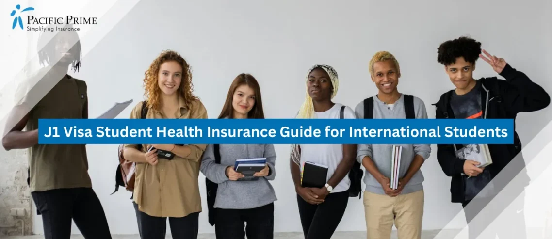 Image of Diverse Group Of Students Holding Books Together with text overlay of "J1 Visa Student Health Insurance Guide for International Students"