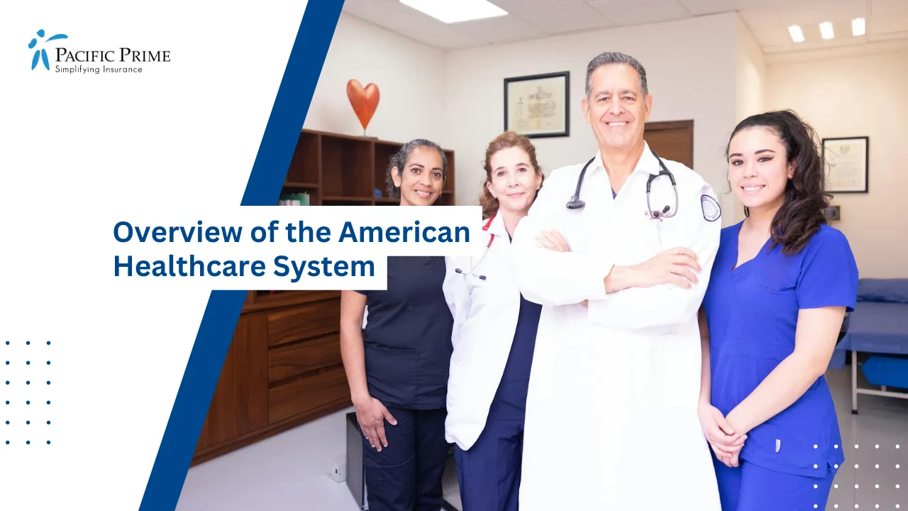 Image of Diverse Medical Professionals Collaborating In A Clinical Office Setting with text overlay of "Overview of the American Healthcare System"